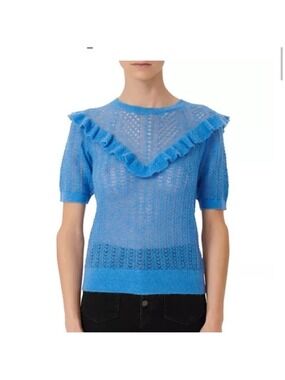 Maje Mohair Openworks Knit Sweater With Ruffles light blue knit size 2 Small